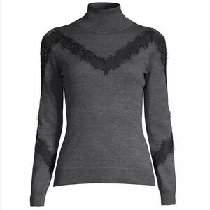Milly Insert Lace Wool Turtleneck Sweater Size Small Chic Minimalist Holiday